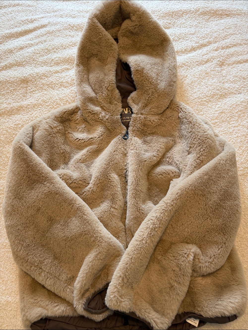 Zara Plush Hooded Puffer Jacket in Taupe